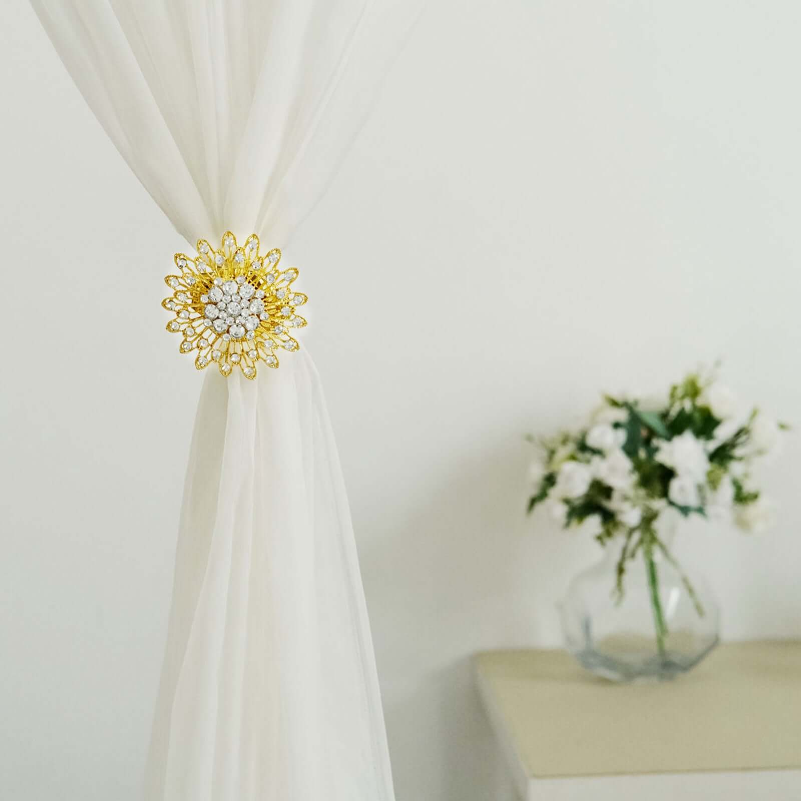 2 Pack 4" Gold Crystal Flower Magnetic Curtain Tie Backs, Backdrop Drapery Panel Buckle Clips