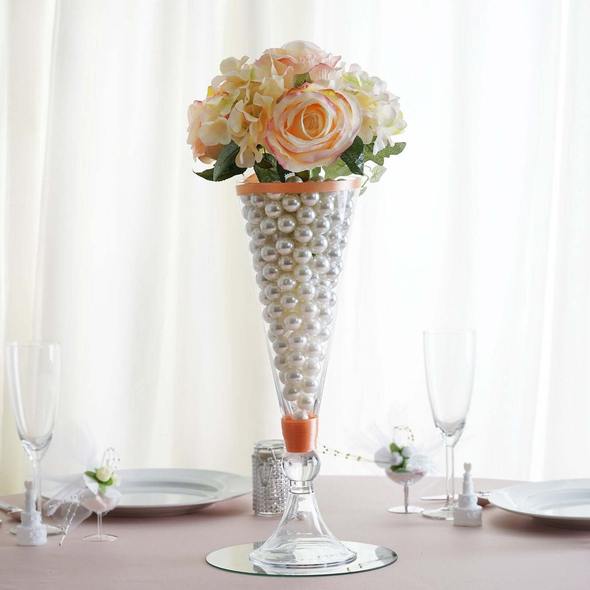 4-Pack Glass Trumpet Vases Reversible Crystal Ball Design Clear - Stylish Floral Table Centerpieces 14"
