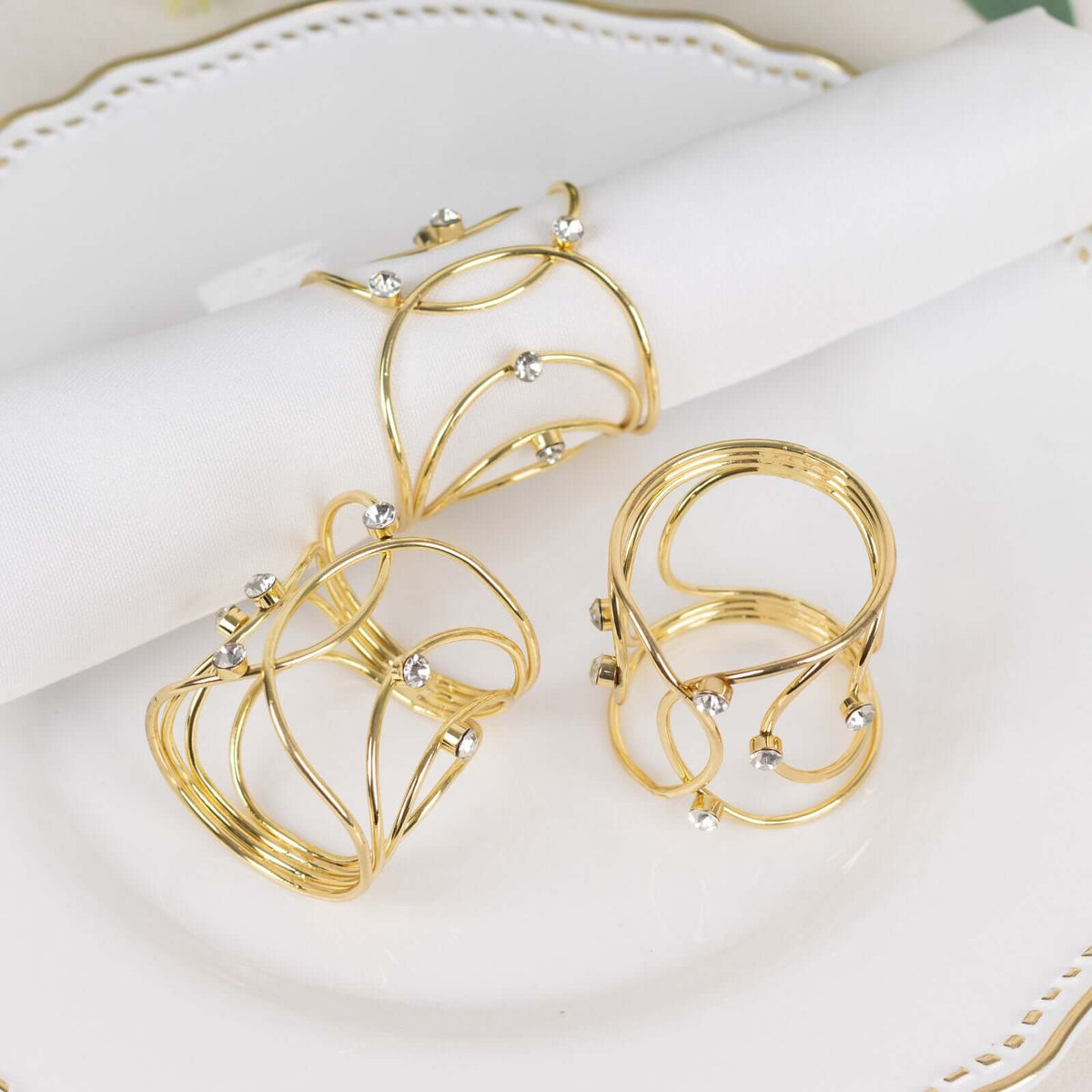 4 Pack Gold Metal Napkin Rings, Hollow Woven Style With Rhinestones, Elegant Napkin Holders