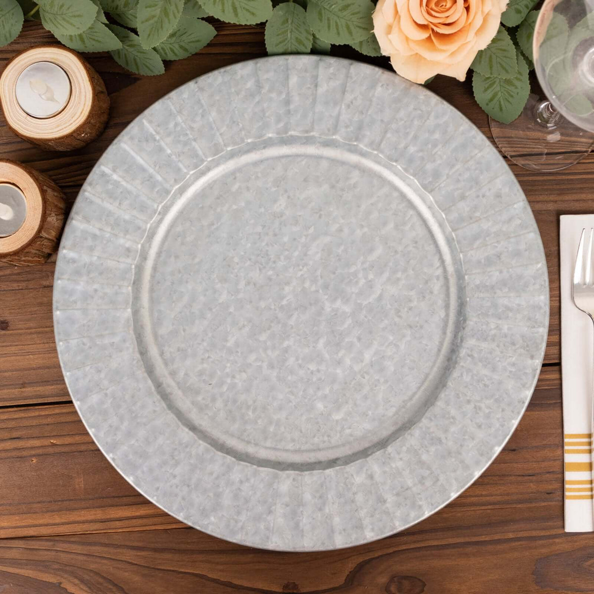 4-Pack Metal Round Charger Plates 13" in Silver with Galvanized Ruffled Rim, Contemporary Charger Tableware