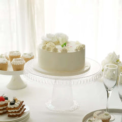 4-Pack Plastic Round Pedestal Cake Stands Clear - Reusable Cupcake Pastry Display Risers with Hollow Ribbon Trim Edges for Stylish Dessert Presentation 13"