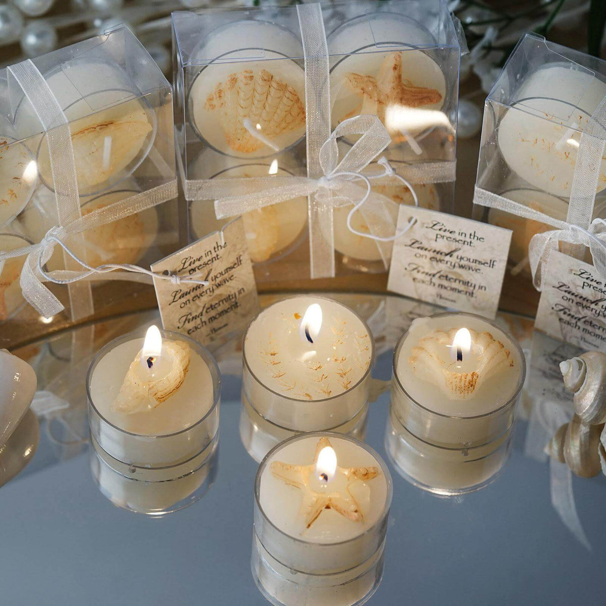 4-Pack Tea Light Candles Island Sea Shell Design Gift Wrapped with Thank You Tag - Party Favors for Weddings & Gatherings