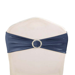 5 Pack Metallic Spandex Chair Sashes Navy Blue - Stretch Fit Chair Bands With Round Diamond Buckles