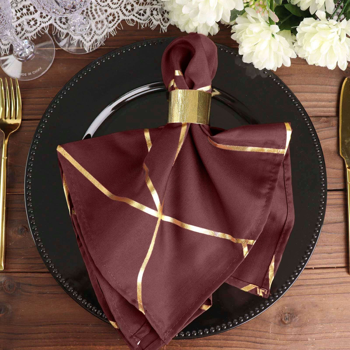 5 Pack Modern Burgundy and Geometric Gold Cloth Dinner Napkins 20"x20"