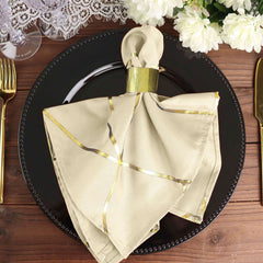 5 Pack Polyester 20"x20" Napkins Beige with Gold Geometric Foil Pattern - Modern Reusable Dinner Napkins