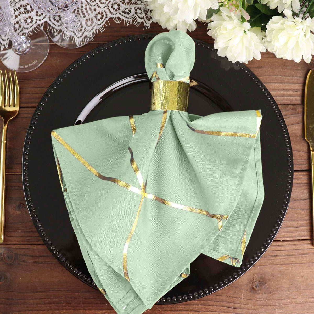 5 Pack Polyester 20"x20" Napkins Sage Green with Gold Geometric Foil Pattern - Modern Reusable Dinner Napkins