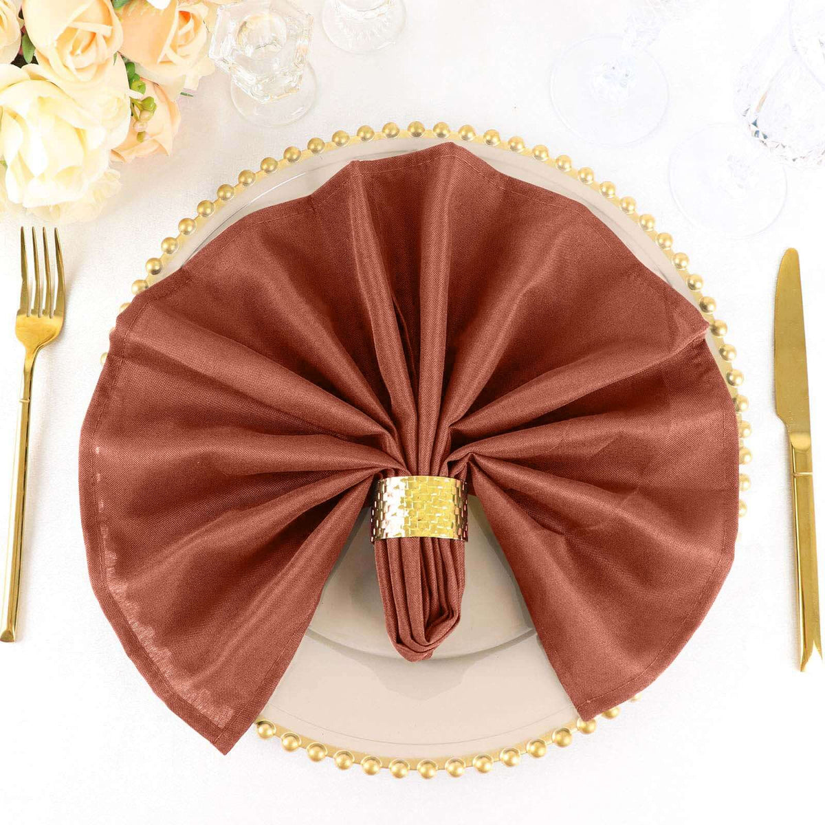 5 Pack Polyester 20"x20" Napkins Terracotta (Rust) - Wrinkle Resistant & Easy Care Cloth Napkins