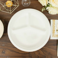 50-Pack Bagasse 10" Round Dinner Plates in White with 3-Compartments - Eco Friendly Biodegradable Sugarcane Divided Plates for Food Trucks Catering & Events