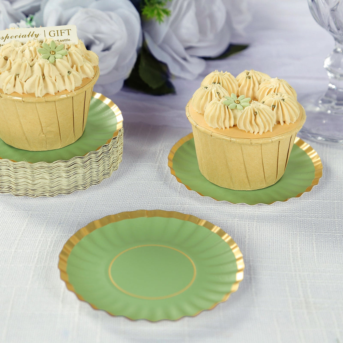 50-Pack Paper 3.5" Round Party Plates in Dusty Sage Green with Gold Scalloped Rim - Disposable Mini 250GSM Dessert Plates for Tapas, Appetizers & Finger Foods