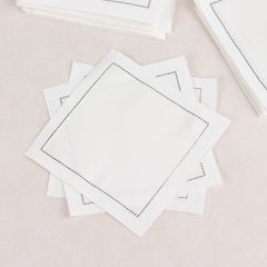 50-Pack Cotton Cocktail Napkins with Black Hemstitched Border White - Disposable 4.5"x4.5" Napkins for Events