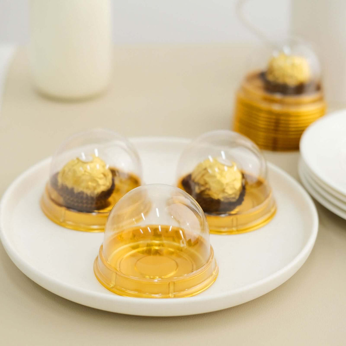 50-Pack Favor Containers Round Dome Design Gold and Clear - Plastic Party Boxes for Cupcakes and Sweets 3"