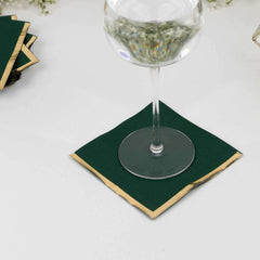 50-Pack Paper Beverage Napkins Hunter Emerald Green with Gold Foil Edge - 2 Ply Disposable Soft 18GSM Cocktail Napkins 5"x5"