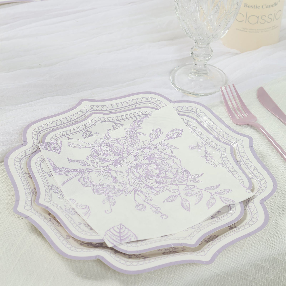 50 Pack Lavender 2-Ply Paper Beverage Napkins in Matte Pink and White French Toile Floral Pattern, Highly Absorbent Soft Disposable Cocktail Napkins