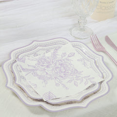 50 Pack Lavender 2-Ply Paper Beverage Napkins in Matte Pink and White French Toile Floral Pattern, Highly Absorbent Soft Disposable Cocktail Napkins
