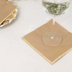 50-Pack Paper Beverage Napkins with Gold Foil Edge Natural - Disposable 2 Ply Cocktail Napkins for Events 6.5"x6.5"