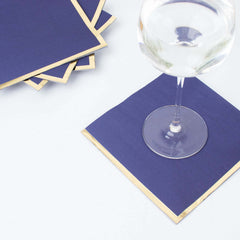 50-Pack Paper Beverage Napkins with Gold Foil Edge Navy Blue - Disposable 2 Ply Cocktail Napkins for Events 6.5"x6.5"