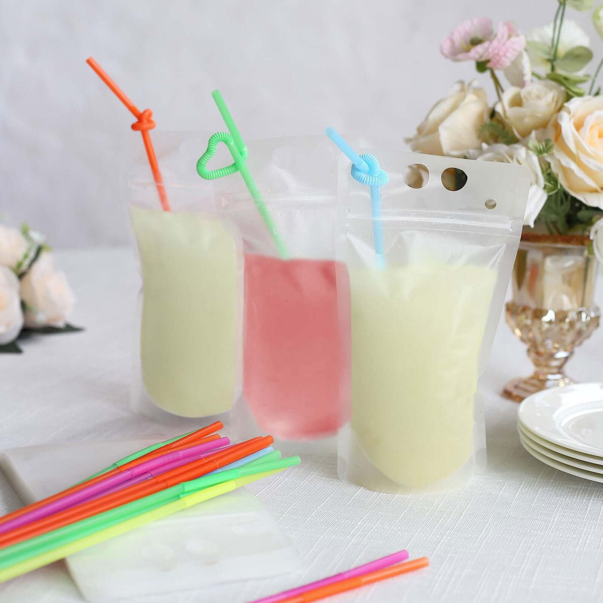 50-Pack Plastic Drink Pouches 12oz Clear - Stand Up Reclosable Hand-Held Juice Smoothie Drink Bags with Straws and Zipper for Travel & Festivals