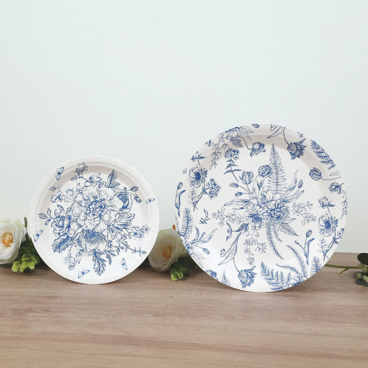 50-Pack Paper Round Dessert and Dinner Plates in White with Blue French Toile Pattern - Vintage Style Disposable Party Plates Set for High Tea Events & Classy Occasions 7", 9"