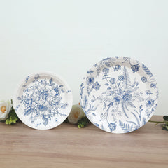 50-Pack Paper Round Dessert and Dinner Plates in White with Blue French Toile Pattern - Vintage Style Disposable Party Plates Set for High Tea Events & Classy Occasions 7", 9"