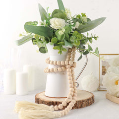 55" Cream Rustic Boho Chic Wood Bead Garland With Tassels, Farmhouse Country Wood Bead Chain