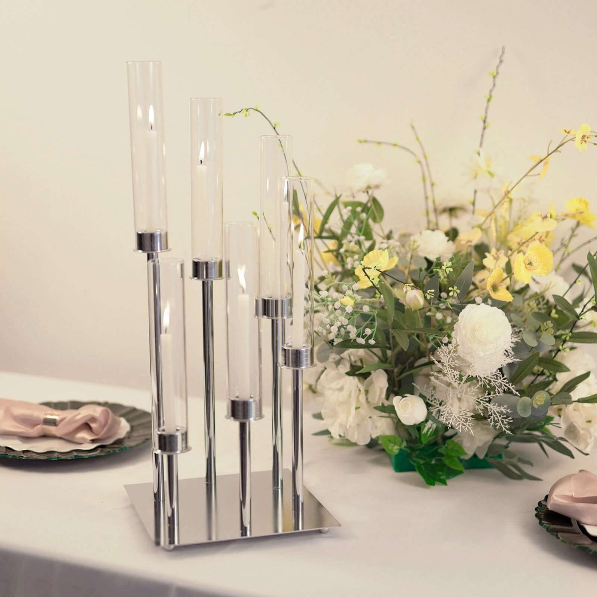 6-Arm Cluster Taper Candle Holder Silver with Clear Glass Shades - Sleek Candle Display for Gatherings 24"