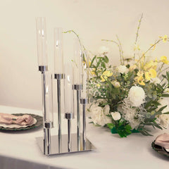 6-Arm Cluster Taper Candle Holder Silver with Clear Glass Shades - Sleek Candle Display for Gatherings 24"