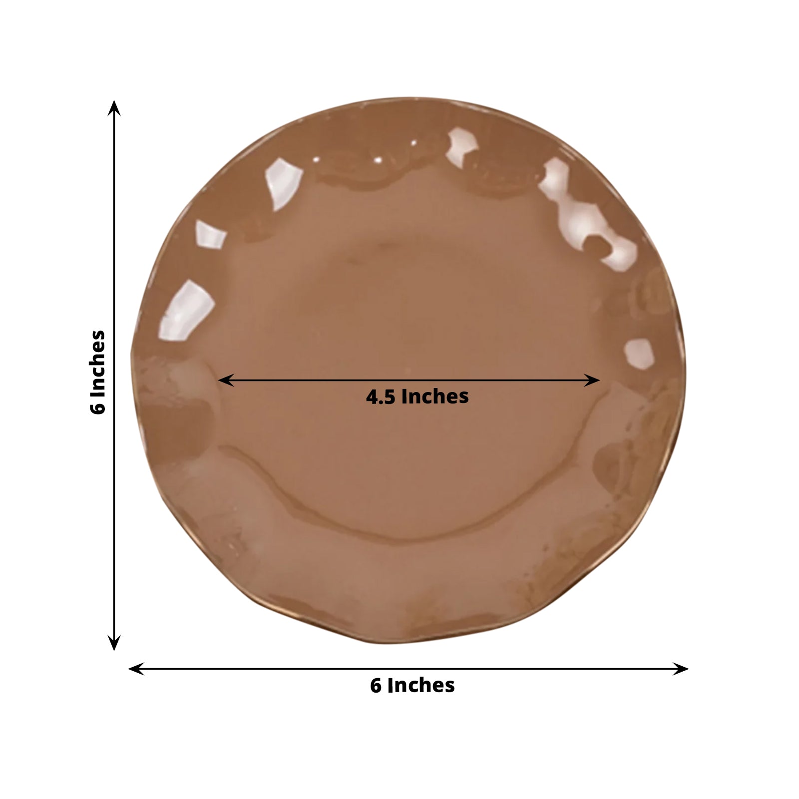 10-Pack Plastic Round 6" Dessert Plates in Coffee Brown Ruffled Rim with Gold Edging - Sturdy Disposable Salad Appetizer Dinnerware