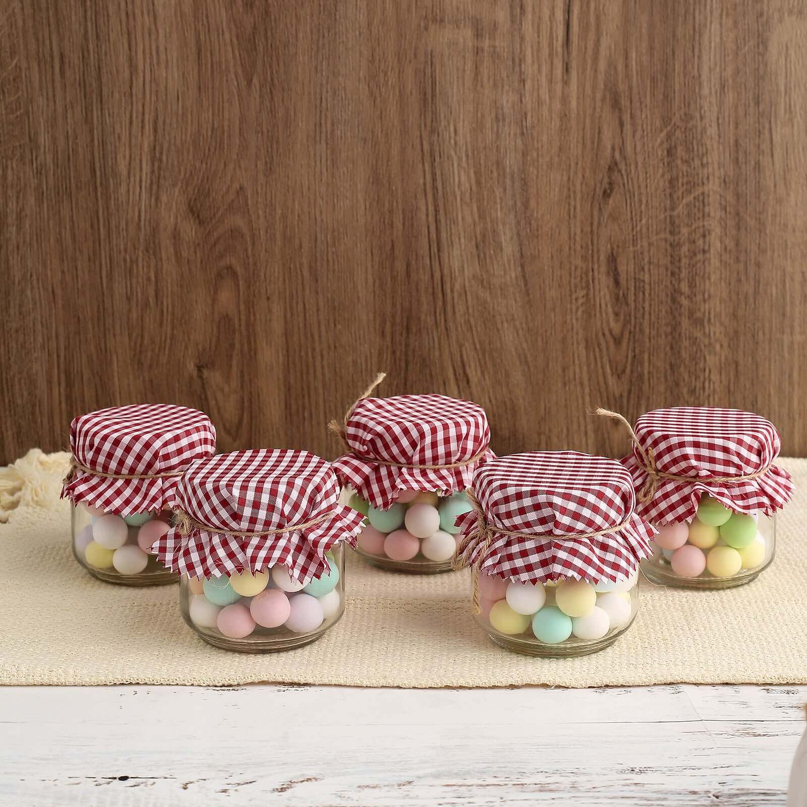 6 Pack 6" Red White Gingham Mason Jar Cloth Lid Covers, Checkered Jam Jar Covers with Jute String