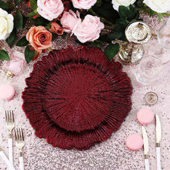 6-Pack Acrylic Plastic Round Charger Plates 13" in Burgundy with Reef Design, Dinner Charger Tableware
