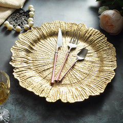6-Pack Acrylic Plastic Round Charger Plates 13" in Gold with Reef Design, Classy Dinner Party Charger Tableware
