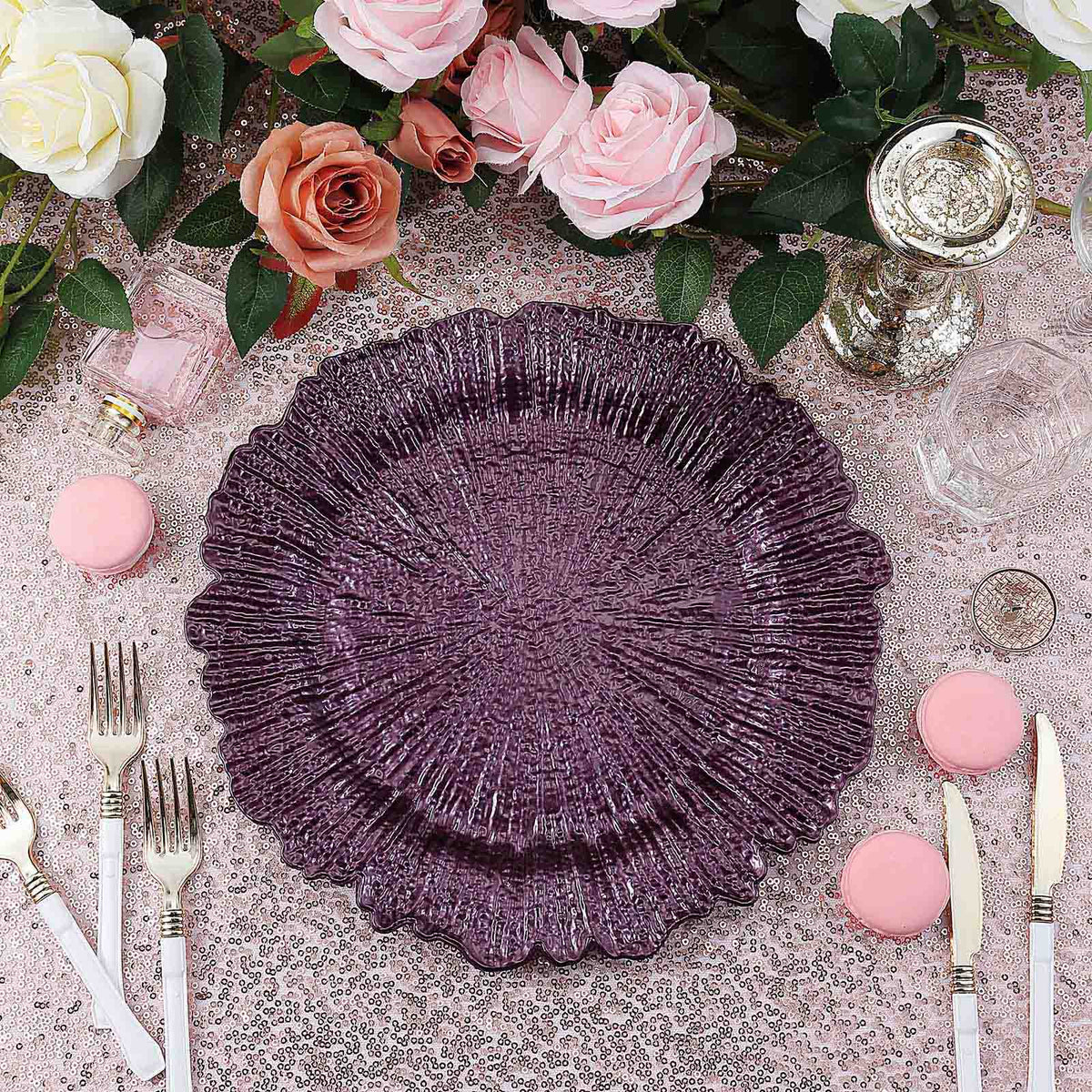 6-Pack Acrylic Plastic Round Charger Plates 13" in Purple with Reef Design, Dinner Charger Tableware