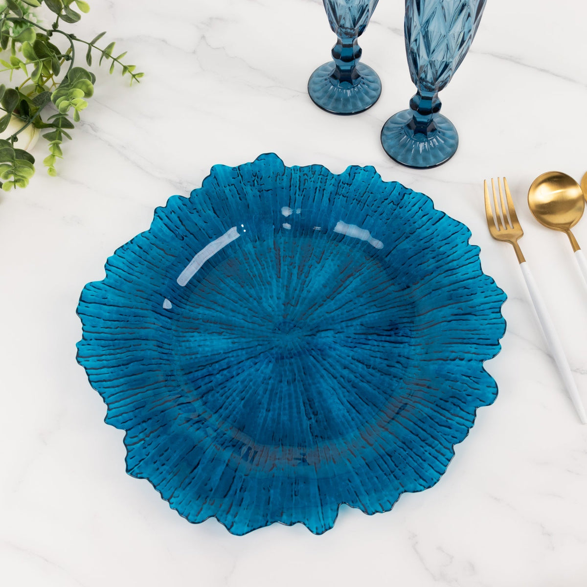 6-Pack Acrylic Plastic Round Charger Plates 13" in Transparent Navy Blue with Reef Design, Dinner Charger Tableware