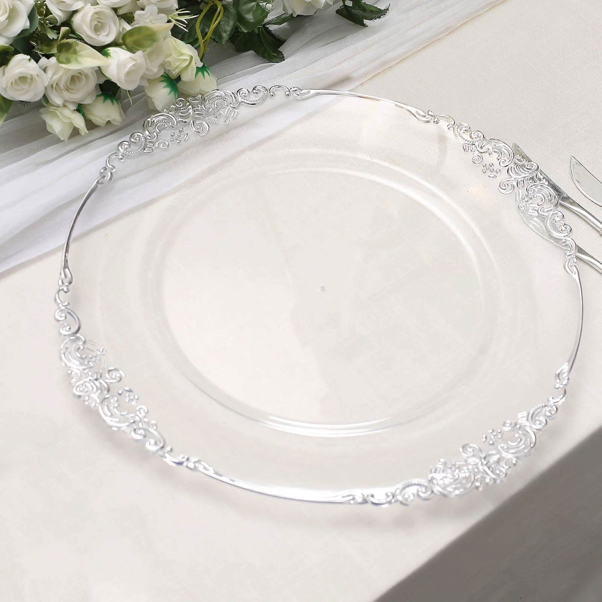 6-Pack Acrylic Round Charger Plates 13" in Clear with Silver Embossed Baroque Rim, Antique Decorative Dinner Party Charger Tableware