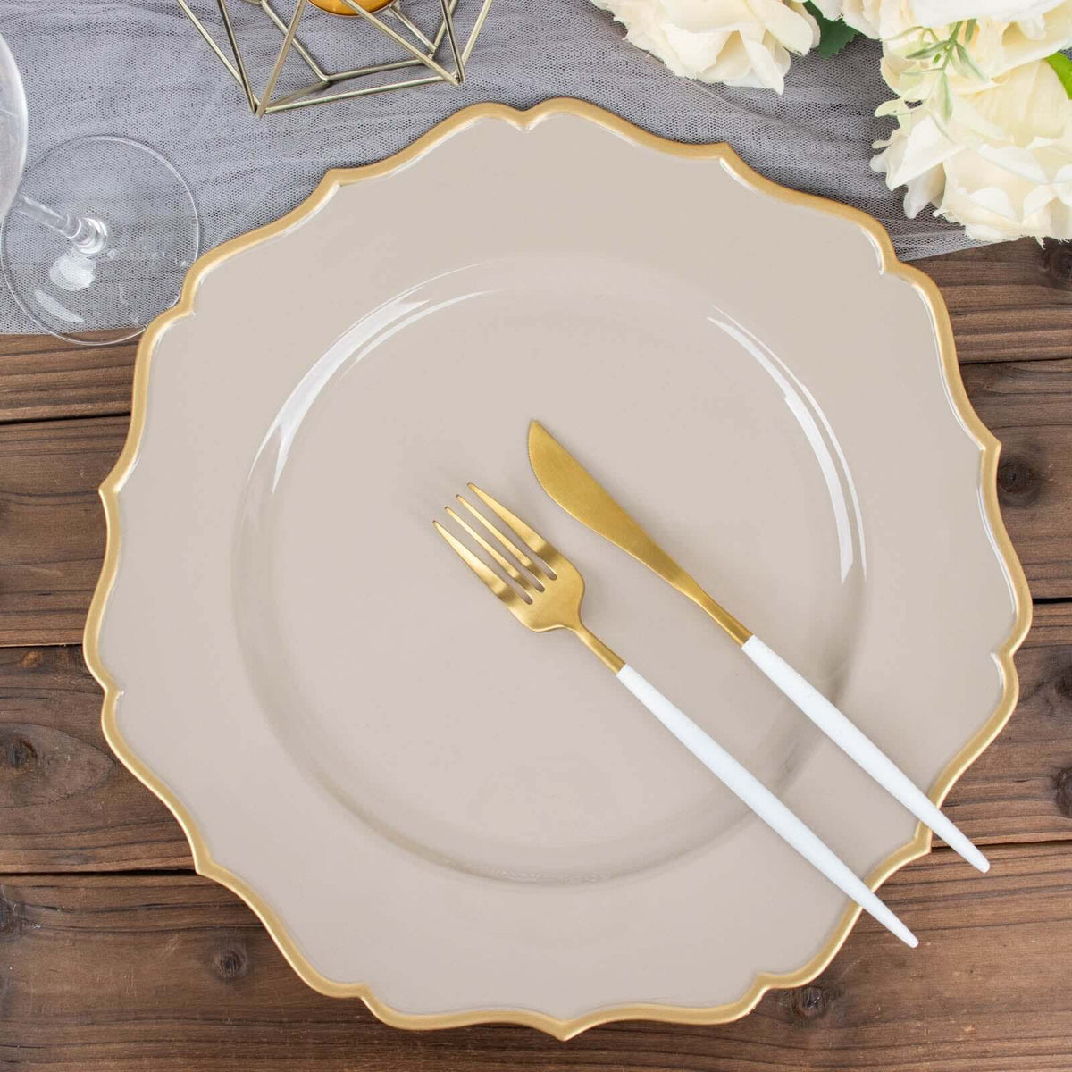 6-Pack Acrylic Round Charger Plates 13" in Taupe with Gold Scalloped Rim, Decorative Dinner Party Plastic Charger Tableware