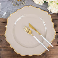 6-Pack Acrylic Round Charger Plates 13" in Taupe with Gold Scalloped Rim, Decorative Dinner Party Plastic Charger Tableware