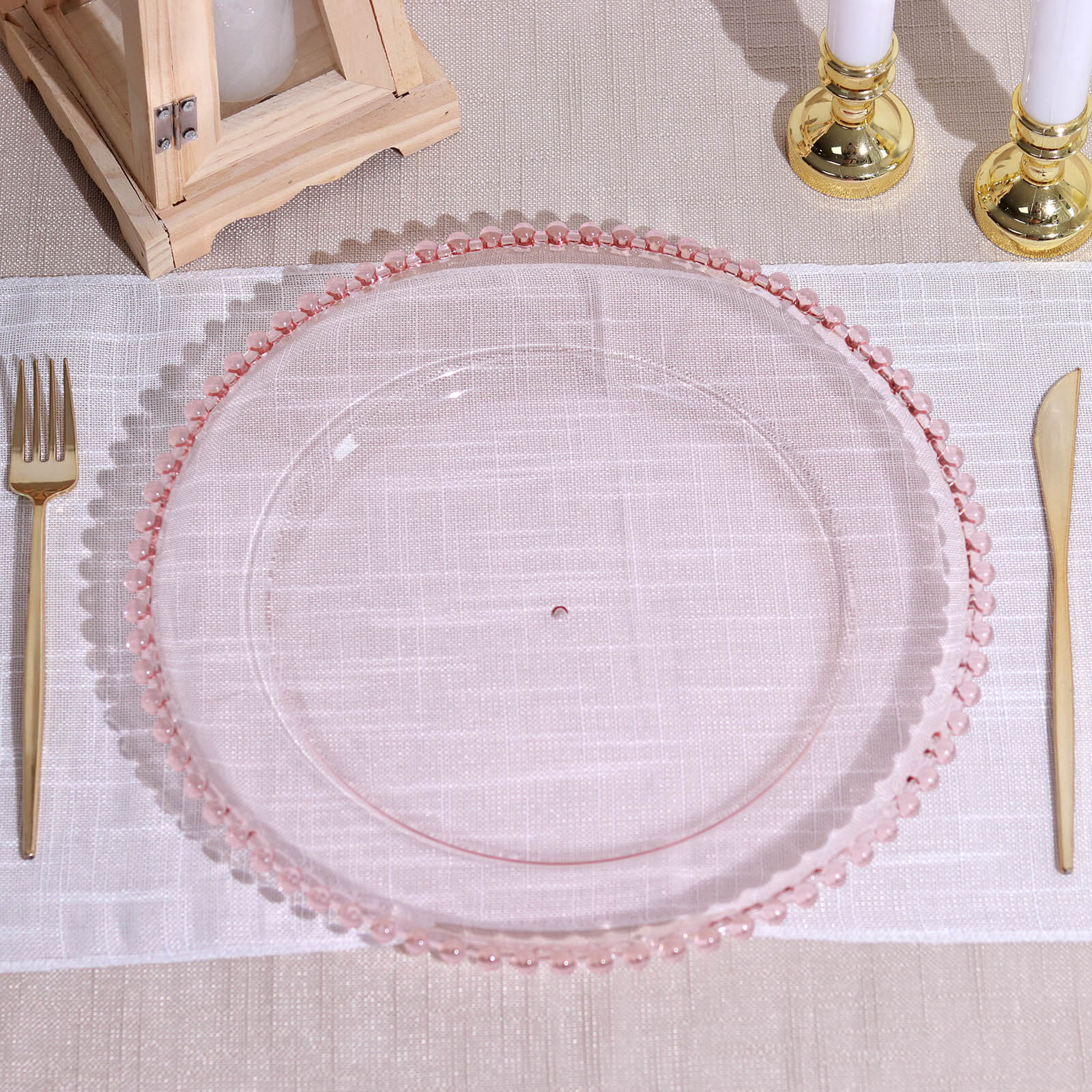 6-Pack Acrylic Round Charger Plates 13" in Transparent Blush with Beaded Rim, Decorative Dinner Party Serving Plates