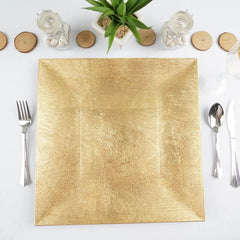 6-Pack Acrylic Square Charger Plates 12" in Gold with Embossed Wood Grain, Boho Chic Dinner Party Decor Charger Tableware