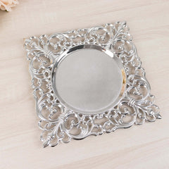 6-Pack Acrylic Square Charger Plates 12" in Silver with Hollow Lace Border, Event Tabletop Decorative Charger Tableware