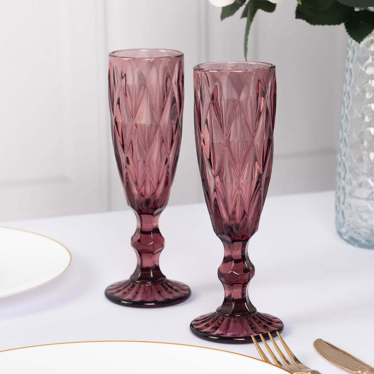 6-Pack Champagne Flute Glasses Transparent Dusty Rose Textured Crystal Cut Design - Chic Wine Goblets for Parties & Events 6oz 8"