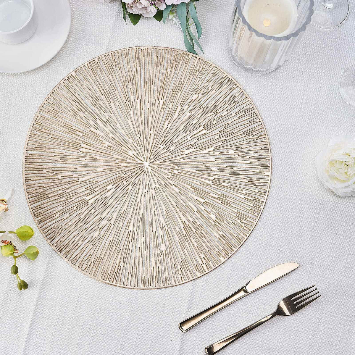 6-Pack Dining Table Mats Spiked Design Gold - Vinyl Non-Slip Surface with Modern Appeal 15"