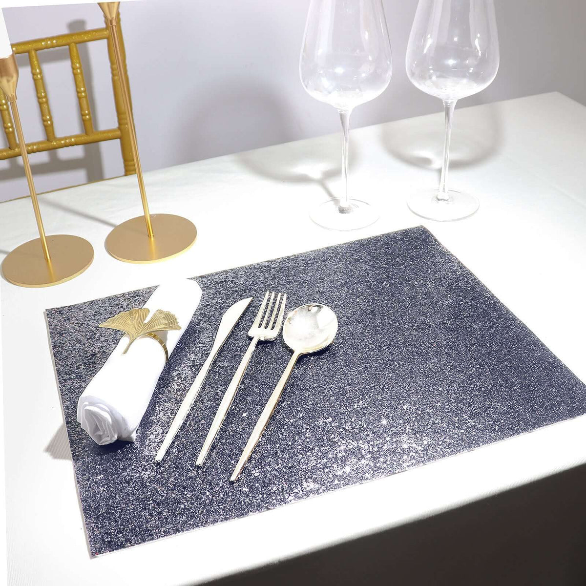 6-Pack Placemats Glitter Design Charcoal Gray Sparkle Rectangle - Non-Slip Decorative Dining Table Mats 12"x18"