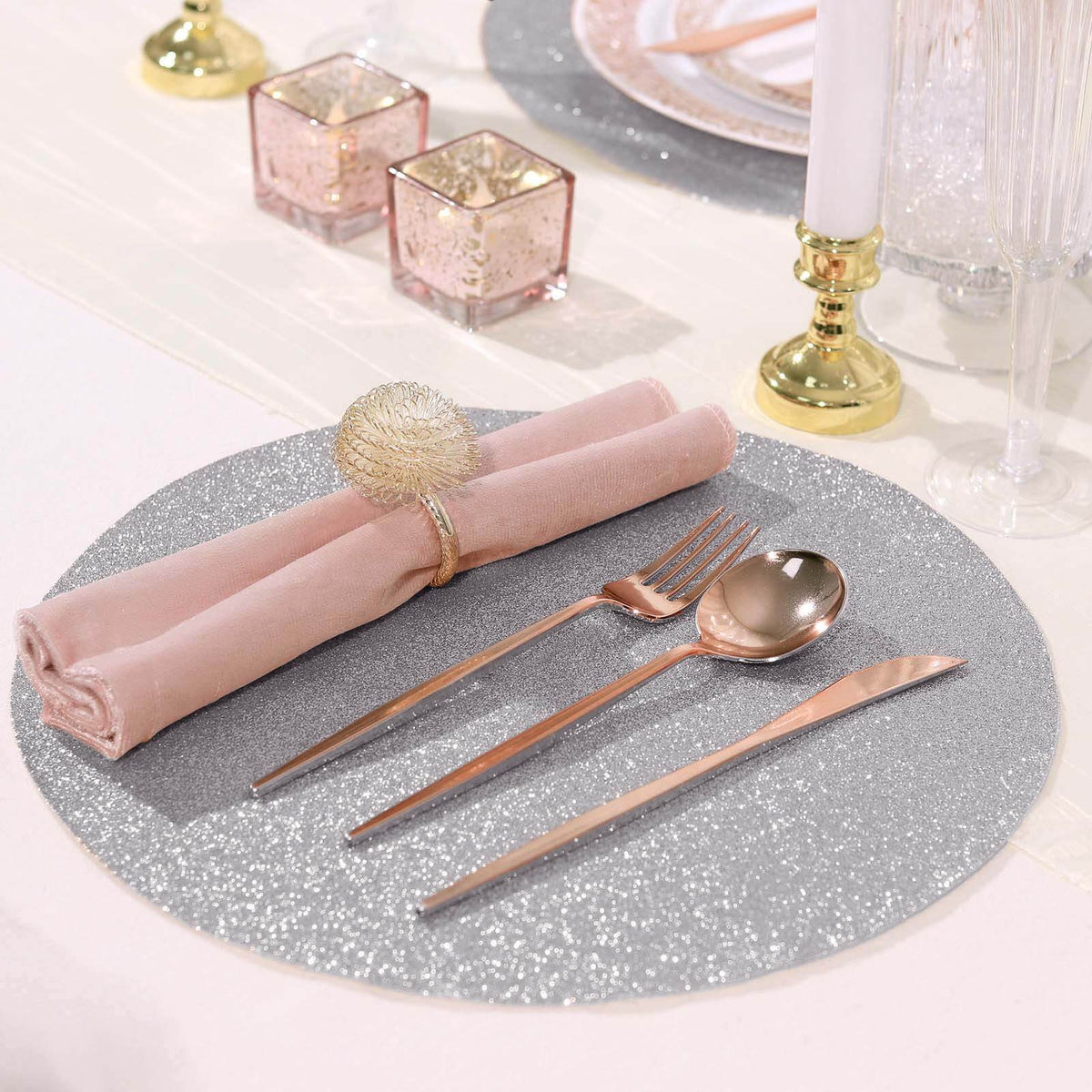 6-Pack Placemats Glitter Design Silver Sparkle Round - Non-Slip Decorative Dining Table Mats 13"
