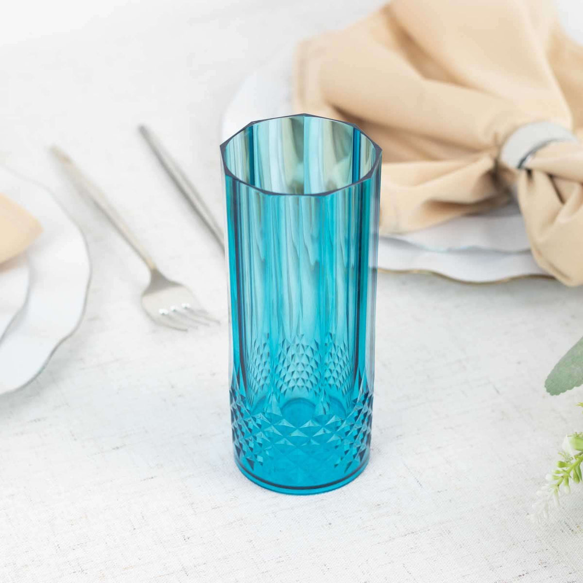 6-Pack Plastic Cocktail Tumblers Ocean Blue Transparent Crystal Cut Style - Shatterproof Highball Glasses 14oz