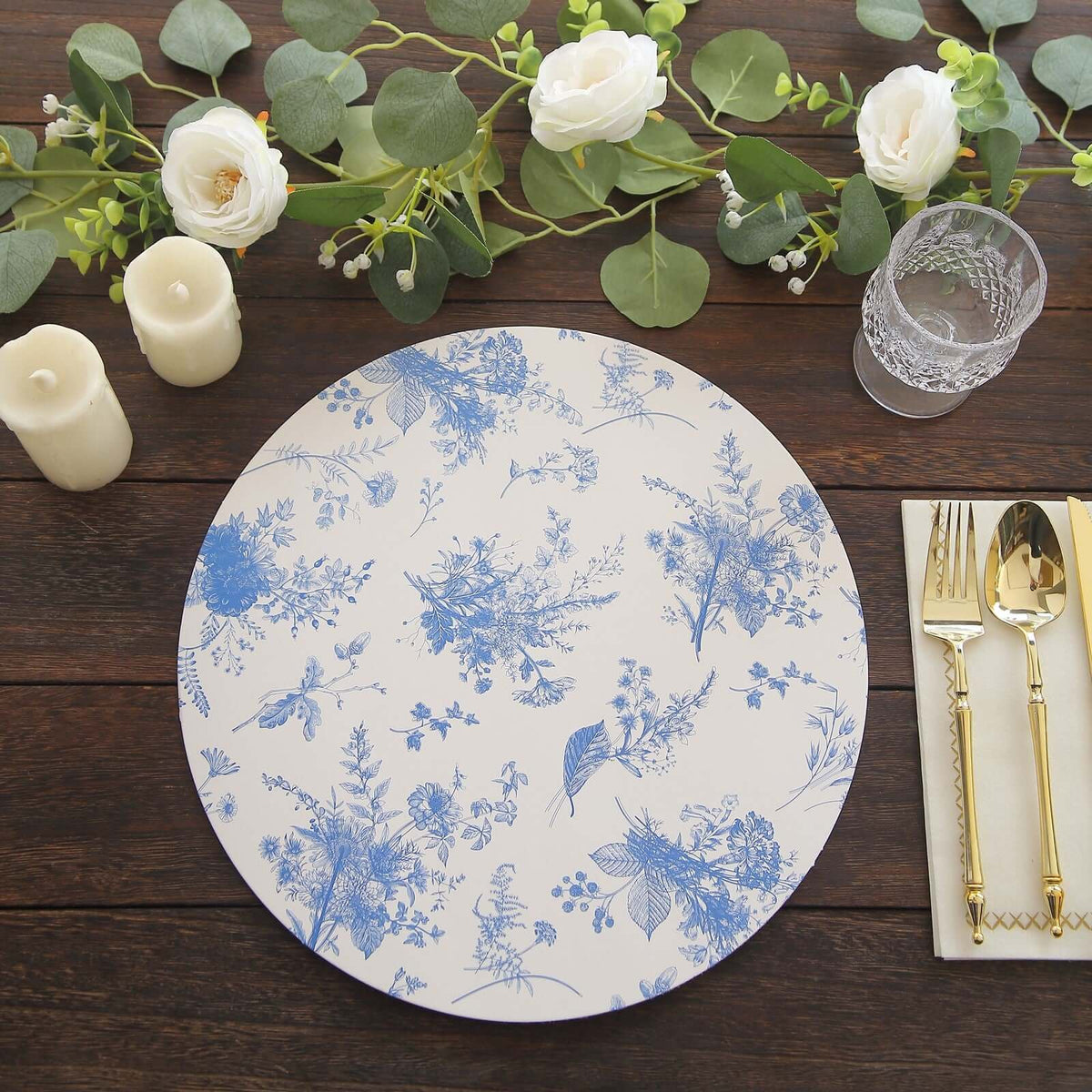 6-Pack Disposable Charger Plates in French Toile Print 13" in White/Blue - 700GSM Floral Paper Chargers for Stylish & Easy Cleanup