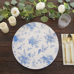 6-Pack Disposable Charger Plates in French Toile Print 13" in White/Blue - 700GSM Floral Paper Chargers for Stylish & Easy Cleanup