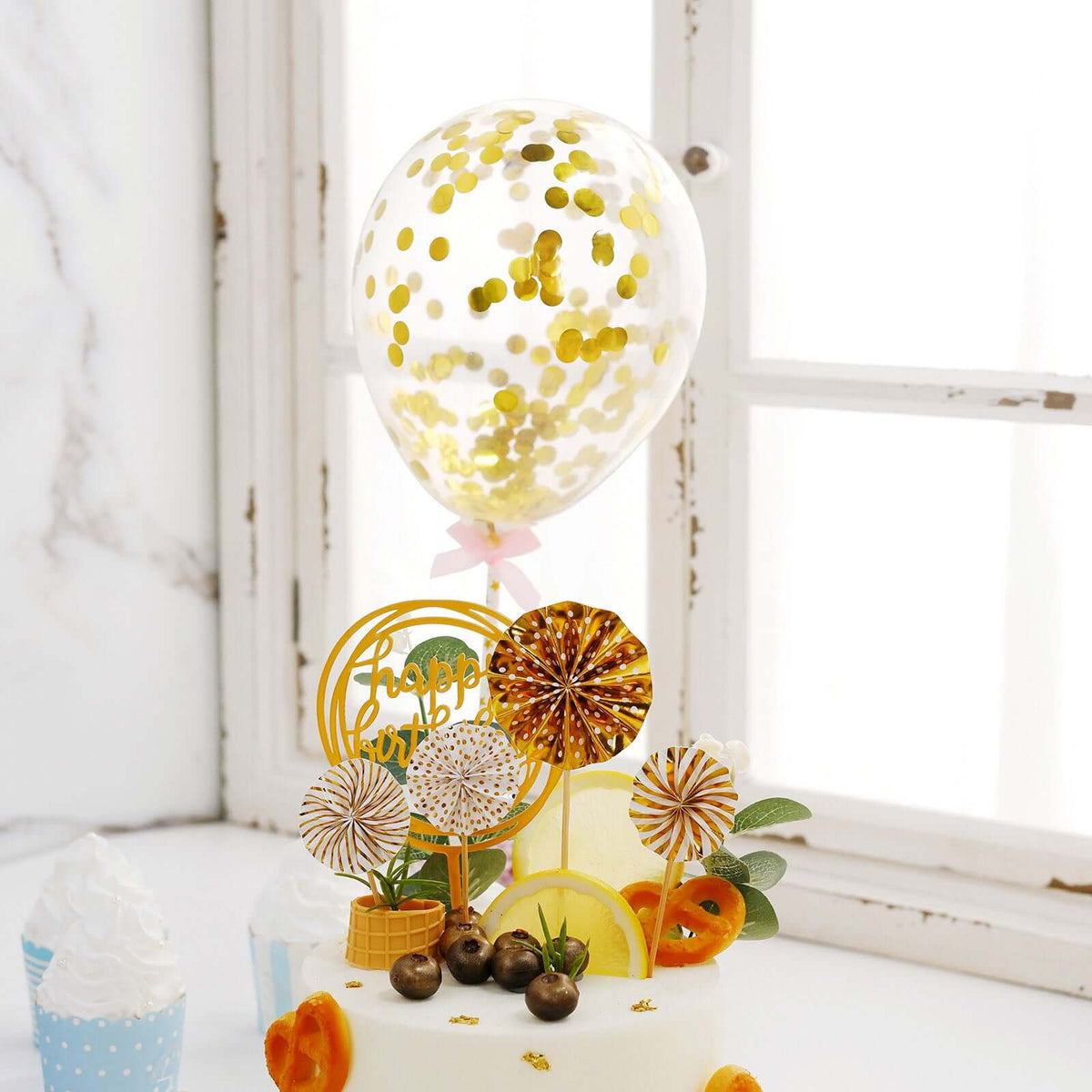 6 Pcs Happy Birthday Cake Topper Gold/White - Fun Cake Decoration with 4 Mini Paper Fans & Confetti Balloon for Themed Parties & Special Occasions
