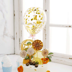 6 Pcs Happy Birthday Cake Topper Gold/White - Fun Cake Decoration with 4 Mini Paper Fans & Confetti Balloon for Themed Parties & Special Occasions