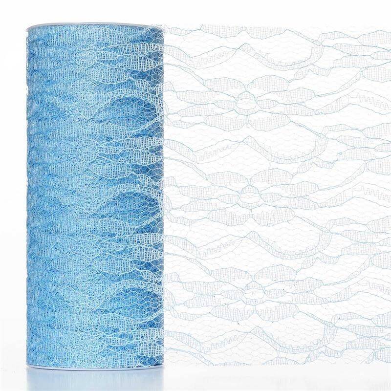 6"X10 Yards Serenity Blue Floral Lace Shimmer Glitter Tulle Fabric Bolt