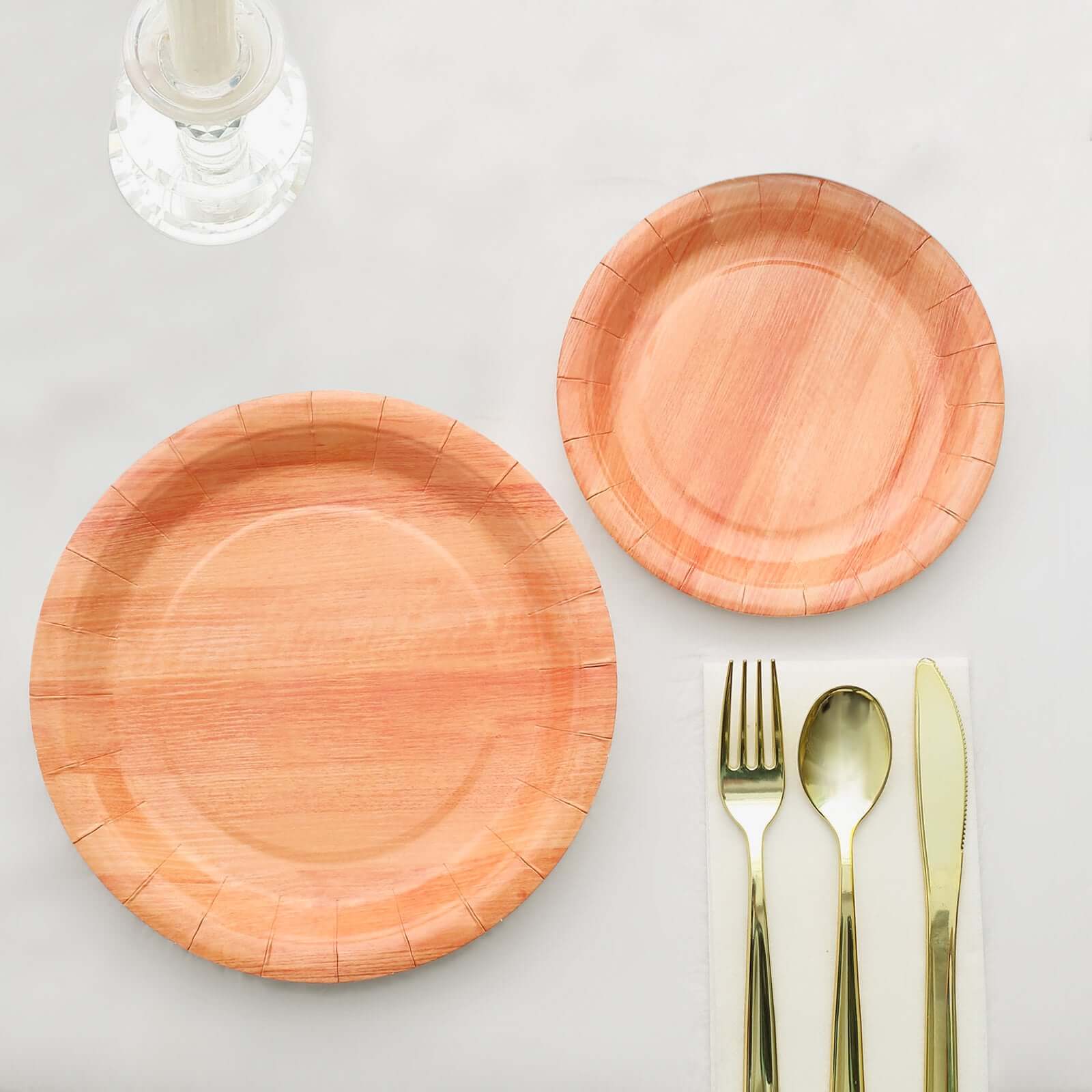 25-Pack Paper 7" Round Dessert Plates in Natural Wood Grain Print - Disposable Appetizer Salad Plates for Rustic Farmhouse Style Events