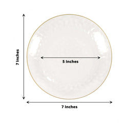 10-Pack Plastic 7" Round Dessert Appetizer Plates in Clear Hammered Design with Gold Rim - Modern Disposable Salad Plates